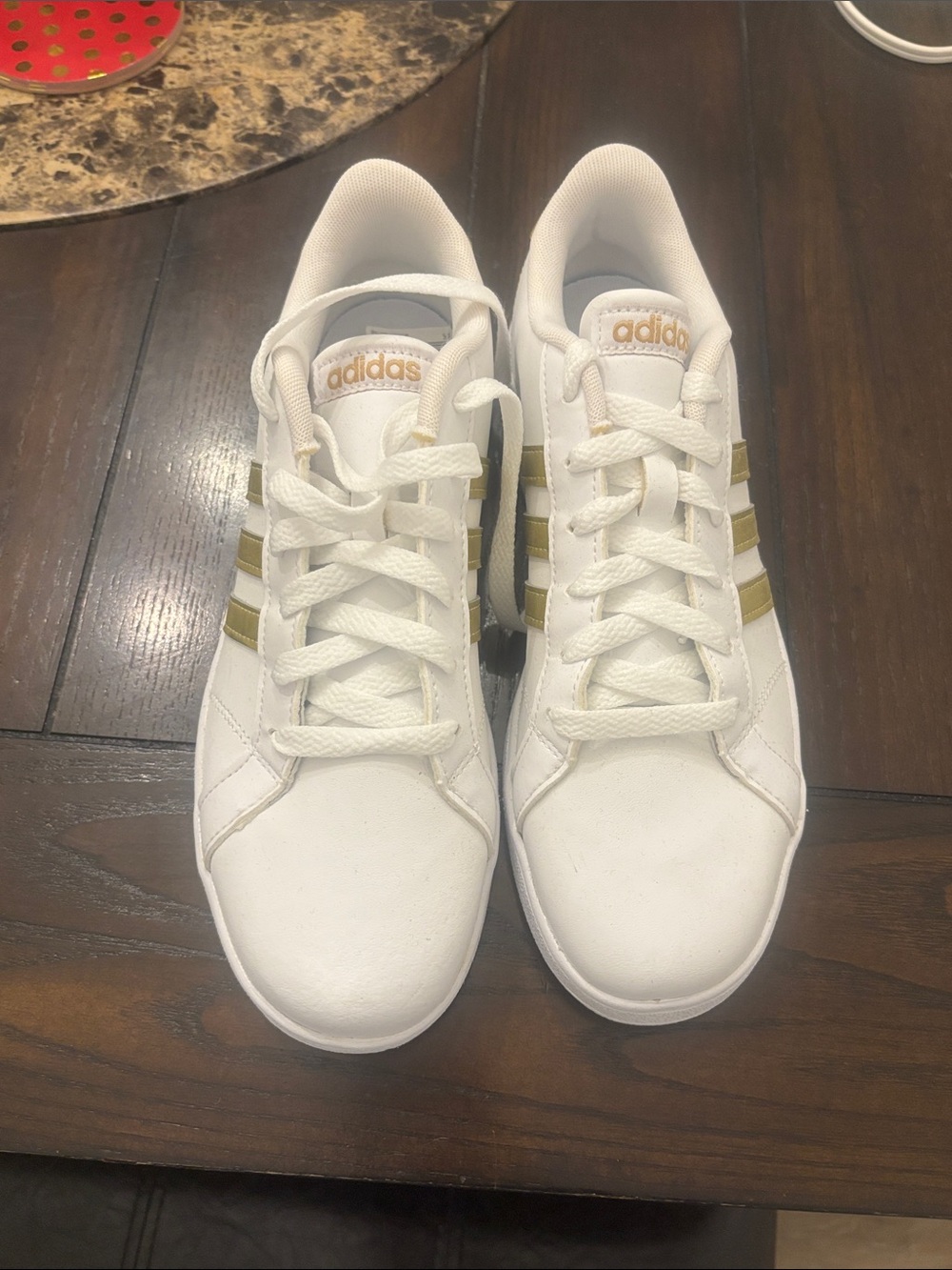 adidas Women White Sneakers with Gold Stripes